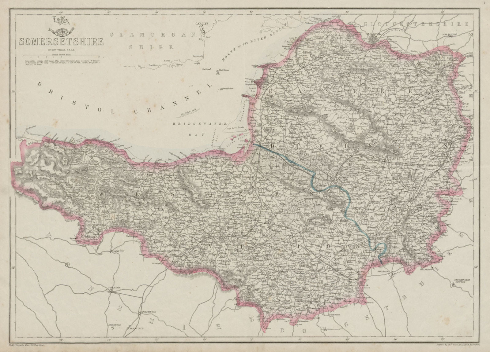 SOMERSETSHIRE. Antique county map. Railways. Mendips. Exmoor. WELLER 1862